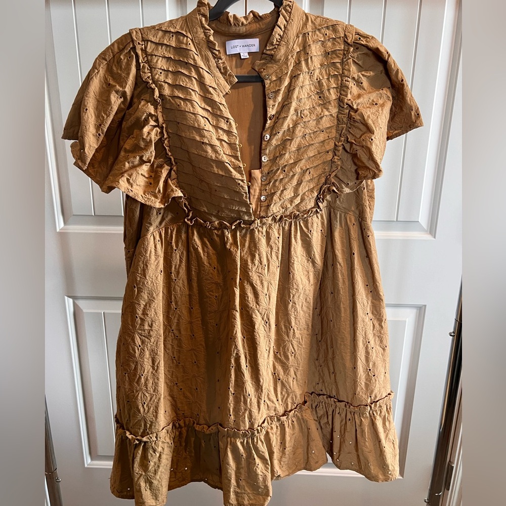 Tan flutter sleeve dress with gold buttons
